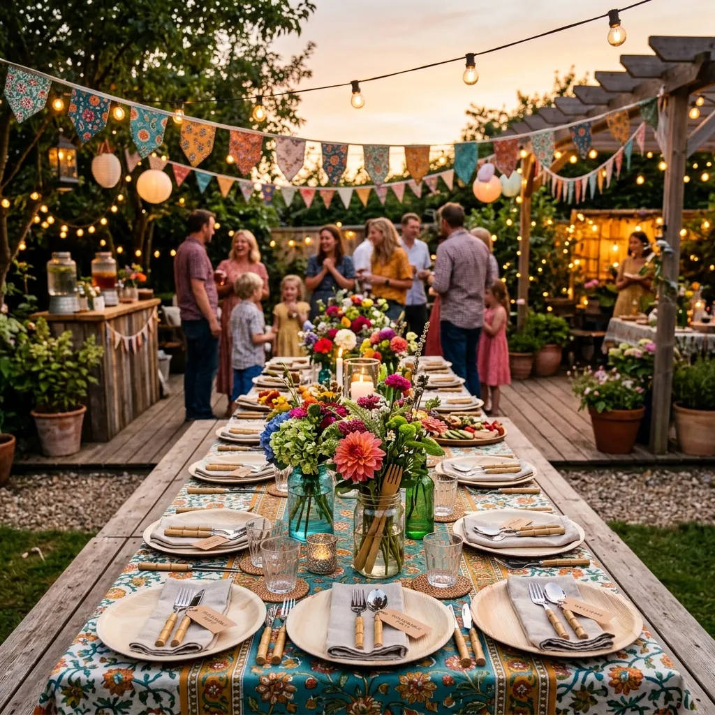 Eco-friendly party decorations with recycled paper banners, reusable tableware, and natural decor elements