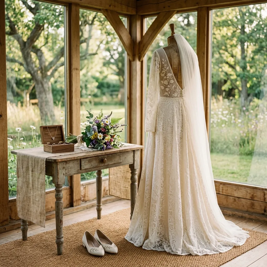 Bride and groom wearing eco-friendly wedding attire with vintage-inspired accessories during an environmentally conscious wedding ceremony.