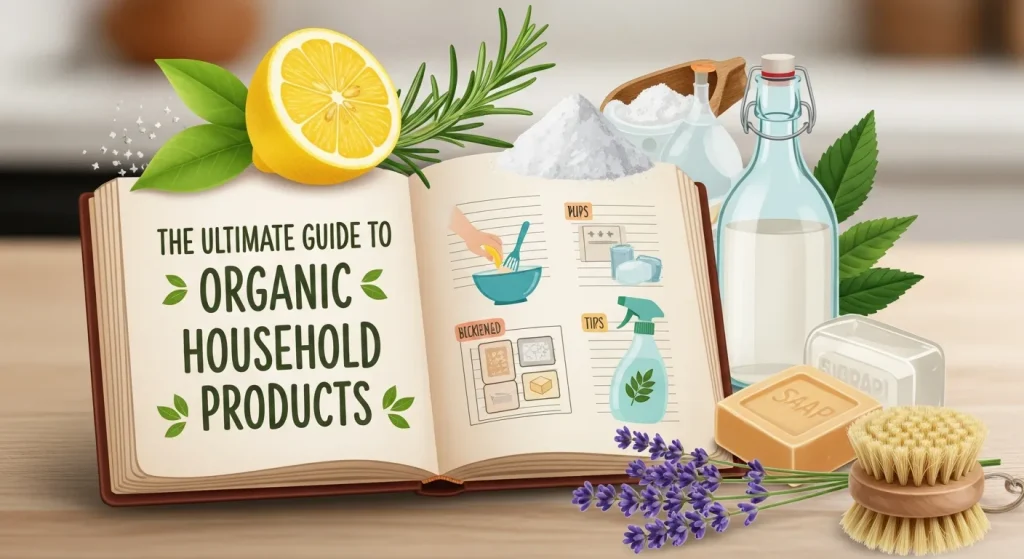 The Ultimate Guide to Organic Household Products Collection of organic household products for cleaning with natural ingredients and eco-friendly packaging arranged in a clean, sustainable home environment.