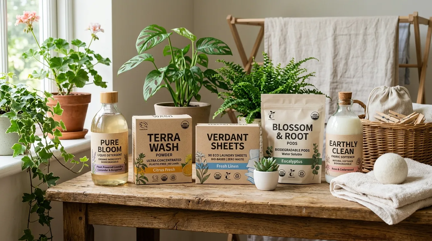 Different eco-friendly laundry detergent products including pods, strips, and liquid detergent displayed on a wooden shelf.