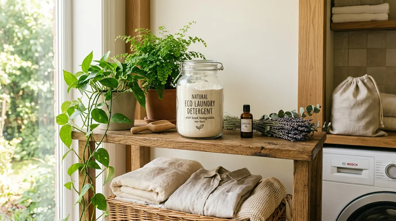 Eco-friendly laundry detergent bottle beside neatly folded clothes and green plants in a modern sustainable laundry room.
