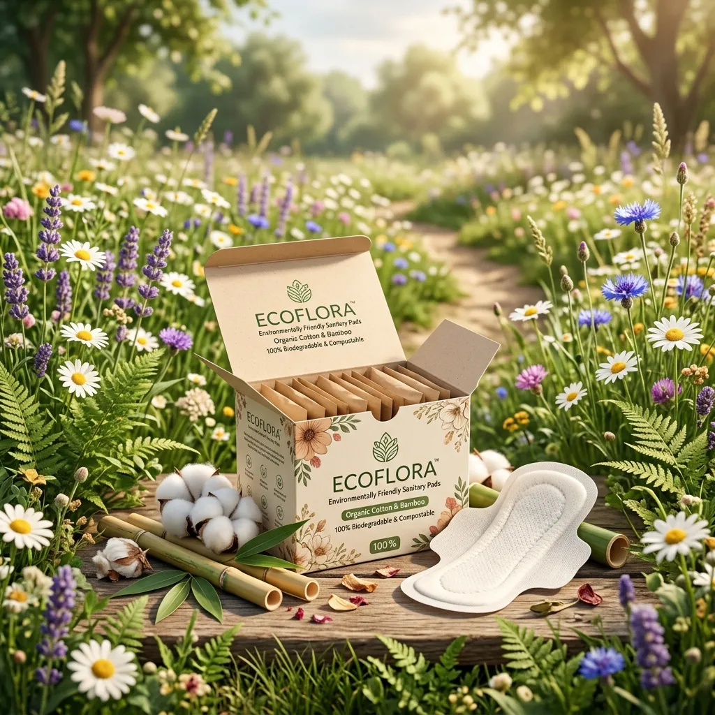 Eco-friendly sanitary pads made from organic cotton and bamboo on a natural background