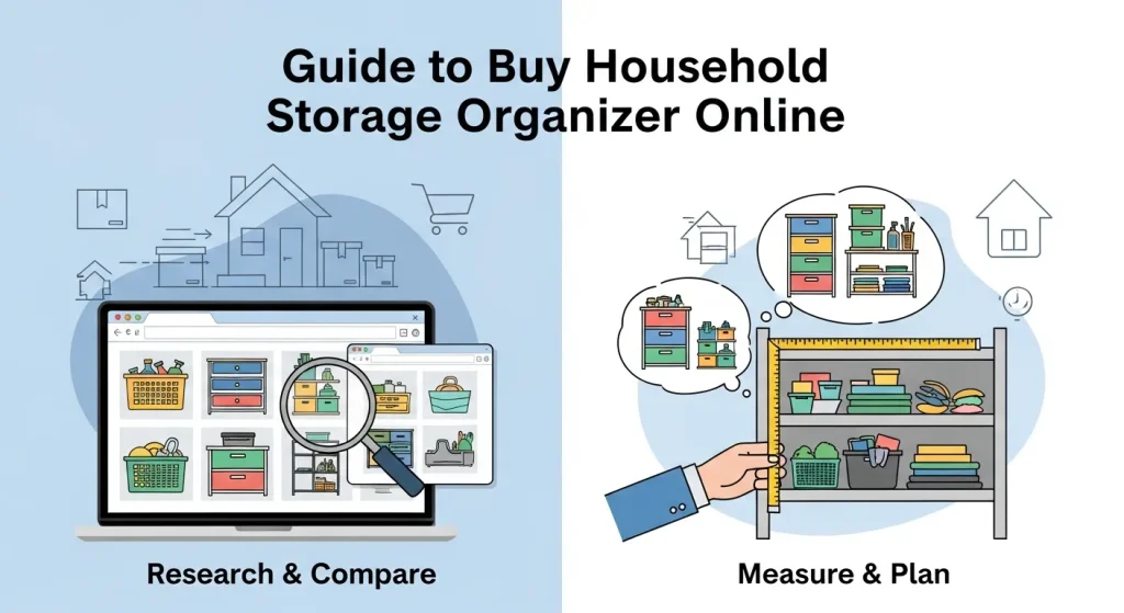 Modern buy household storage organizer online with clean shelves, storage bins, and clutter-free spaces creating a calm and minimalist environment