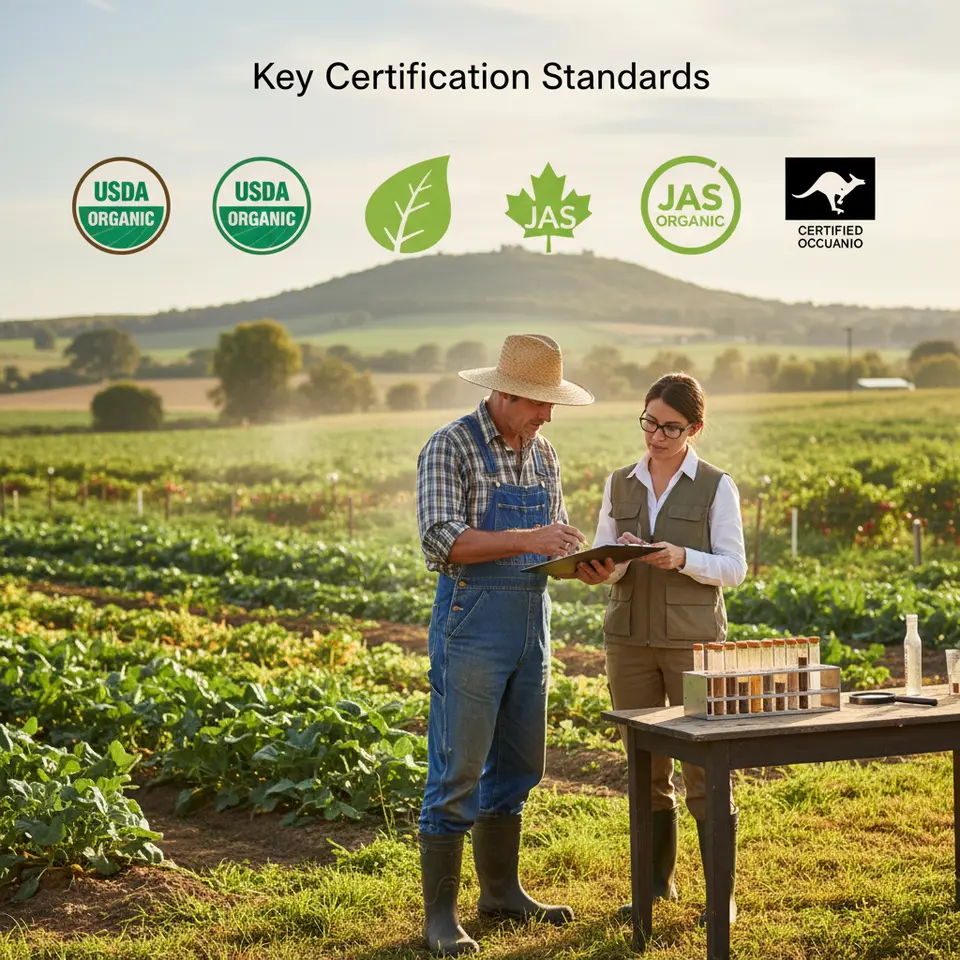 Key Certification Standards – a collage of prominent organic certification logos (USDA Organic seal, EU green leaf emblem, Canada Organic, JAS, Australia Certified Organic) overlaid on a sun-lit farm landscape, with subtle details like soil test vials and a farmer’s clipboard to emphasize rigorous standards.