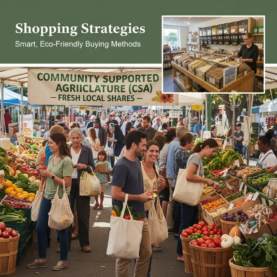 Shopping Strategies – a vibrant farmers’ market scene featuring stalls piled high with seasonal organic fruits and vegetables, a Community Supported Agriculture (CSA) box stand, customers carrying reusable bags, plus an inset view of a health-food co-op interior with bulk bins of grains and legumes to illustrate smart, eco-friendly buying methods.