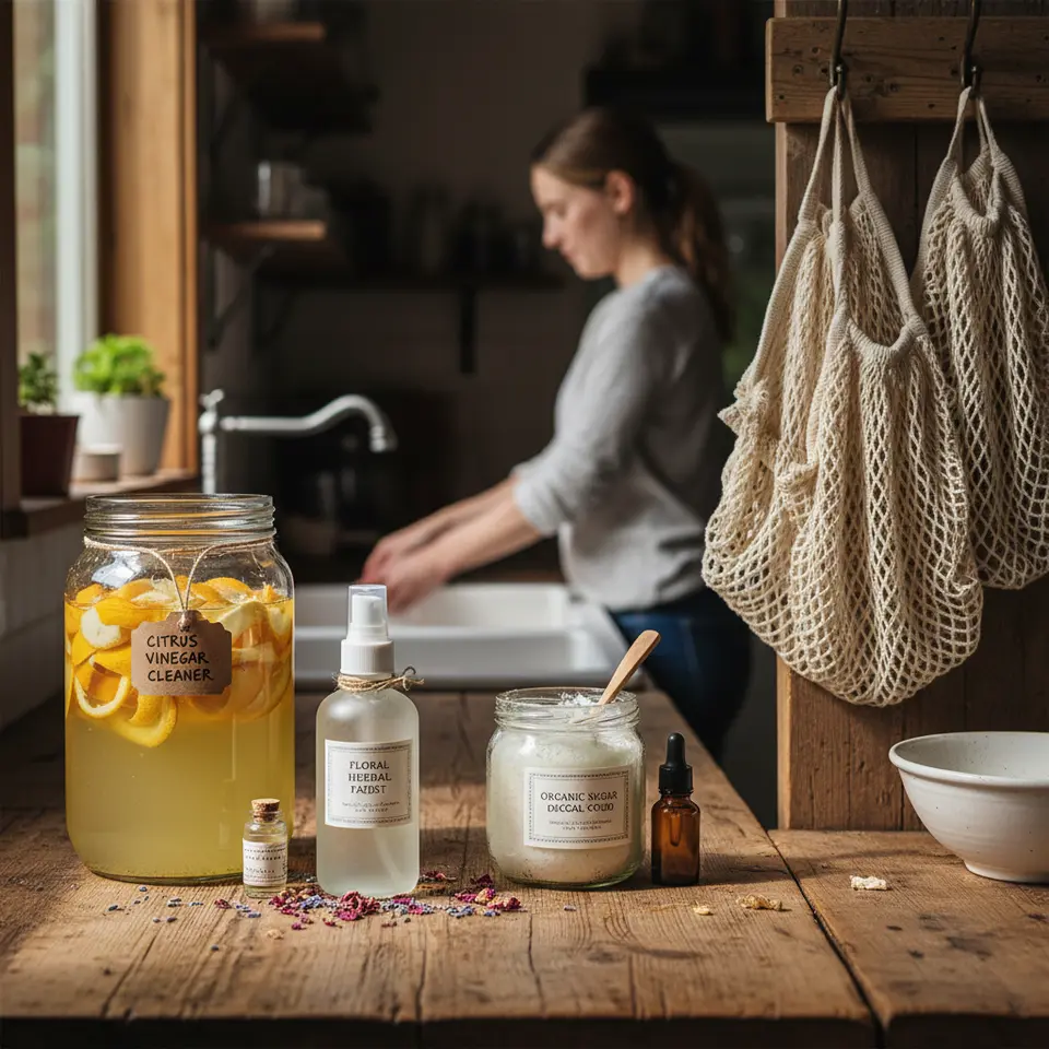 DIY Organic Projects for Home: a rustic kitchen countertop scene displaying four DIY creations— a glass jar of citrus peels steeping in vinegar, a labeled spray bottle of floral herbal facial mist surrounded by dried rose petals and lavender buds, a glass jar of organic sugar-coconut oil body scrub with a small wooden spoon and essential oil vial, and a set of handmade organic cotton mesh produce bags hanging to dry