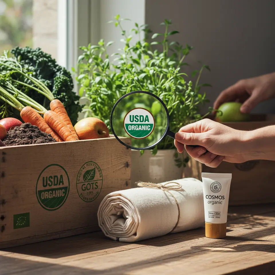 Understanding Organic Certifications: a clean layout showing major certification seals—USDA Organic, EU Organic leaf logo, GOTS, COSMOS Organic—stamped on eco-friendly product packaging such as a wooden crate of produce, a rolled textile bundle, and a cosmetic tube, with green leaves in the background and a magnifying glass highlighting one seal