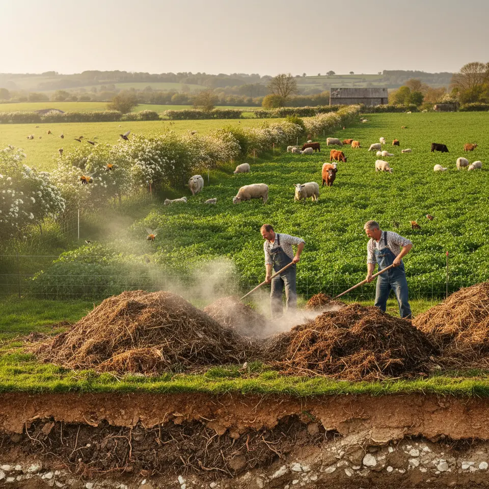 A vibrant organic farm scene showcasing soil restoration techniques: compost heaps, green manure cover crops, rotating livestock grazing on lush pasture, winding hedgerows alive with pollinators and birds, and a cutaway view revealing rich, carbon-dense soil layers beneath.