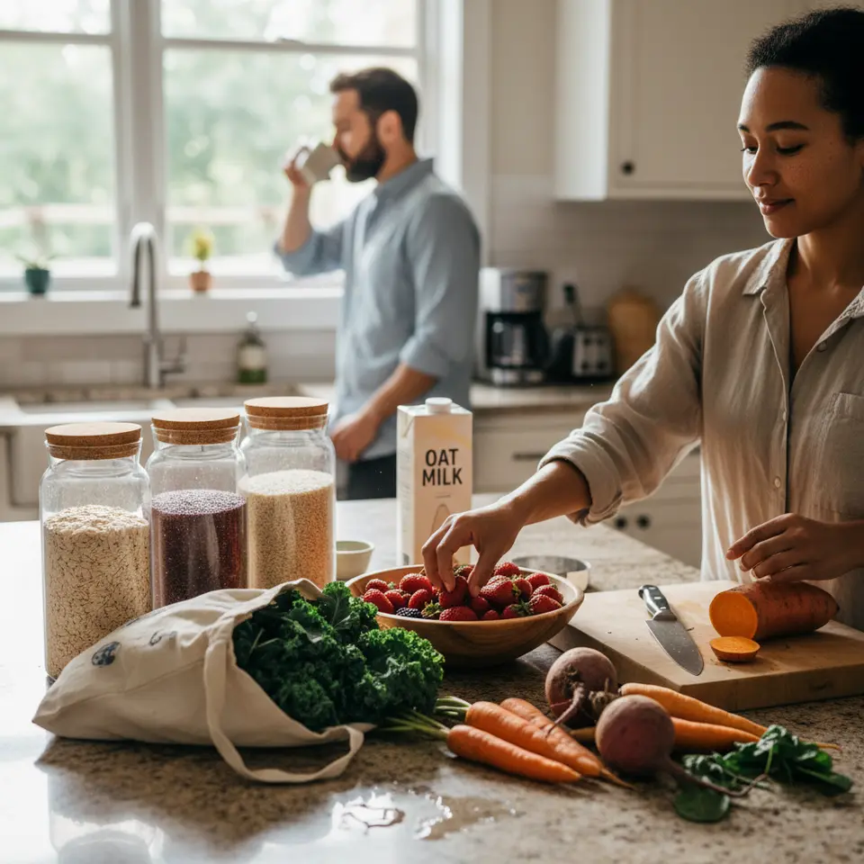 A vibrant kitchen counter brimming with nutrient-rich organic foods: seasonal berries in a wooden bowl, leafy greens in a canvas tote, root vegetables on a cutting board, glass jars of oats, quinoa, and lentils, plus a carton of plant-based milk—sunlight streaming through a window highlighting their natural colors and textures.