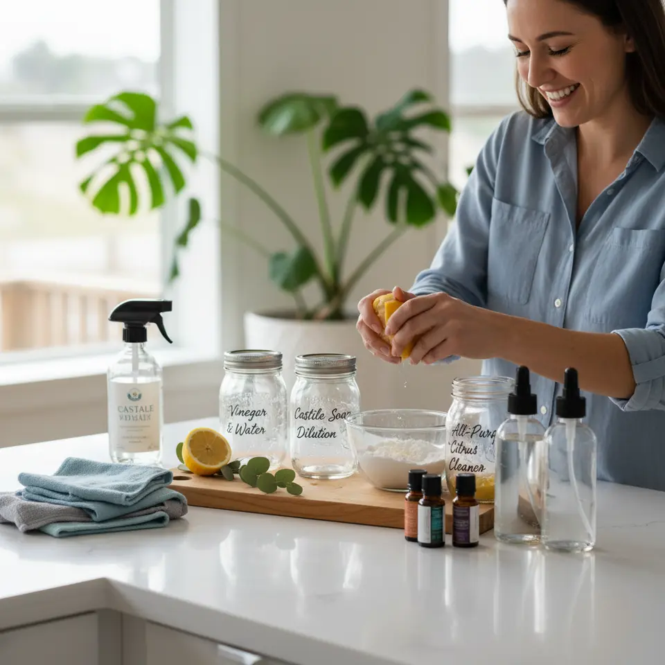 A bright, airy home cleaning vignette showcasing DIY green cleaning supplies: Mason jars labeled ‘Vinegar & Water’, bowls of baking soda, a bottle of castile soap, essential oil droppers, fresh lemon and eucalyptus sprigs, reusable spray bottles, and microfiber cloths neatly arranged on a white countertop with a potted plant in the background.