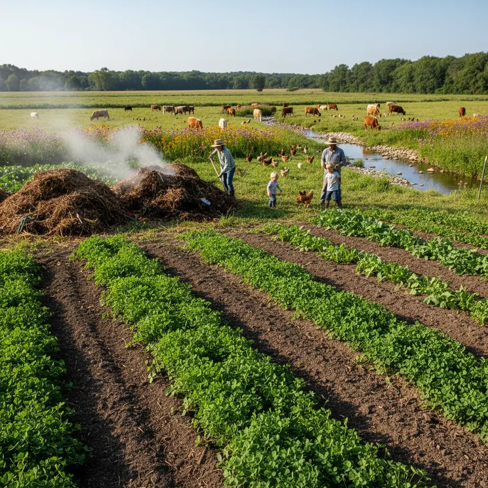 A vibrant organic farm ecosystem showcasing crop rotation fields with cover crops, compost piles, free-range livestock grazing under open pasture, blooming wildflowers for pollinators, and a clear stream running alongside—emphasizing sustainable soil management and biodiversity