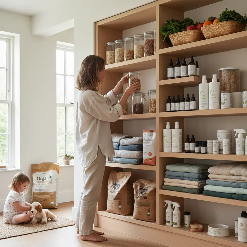 A well-organized home display of top organic product categories: a pantry filled with fresh produce, grains, and nuts; botanical personal care bottles with dropper serums and essential oils; plant-based cleaning sprays and enzyme detergents; GOTS-certified cotton bedding and towels; plus organic pet food and grooming supplies, all arranged neatly on shelves