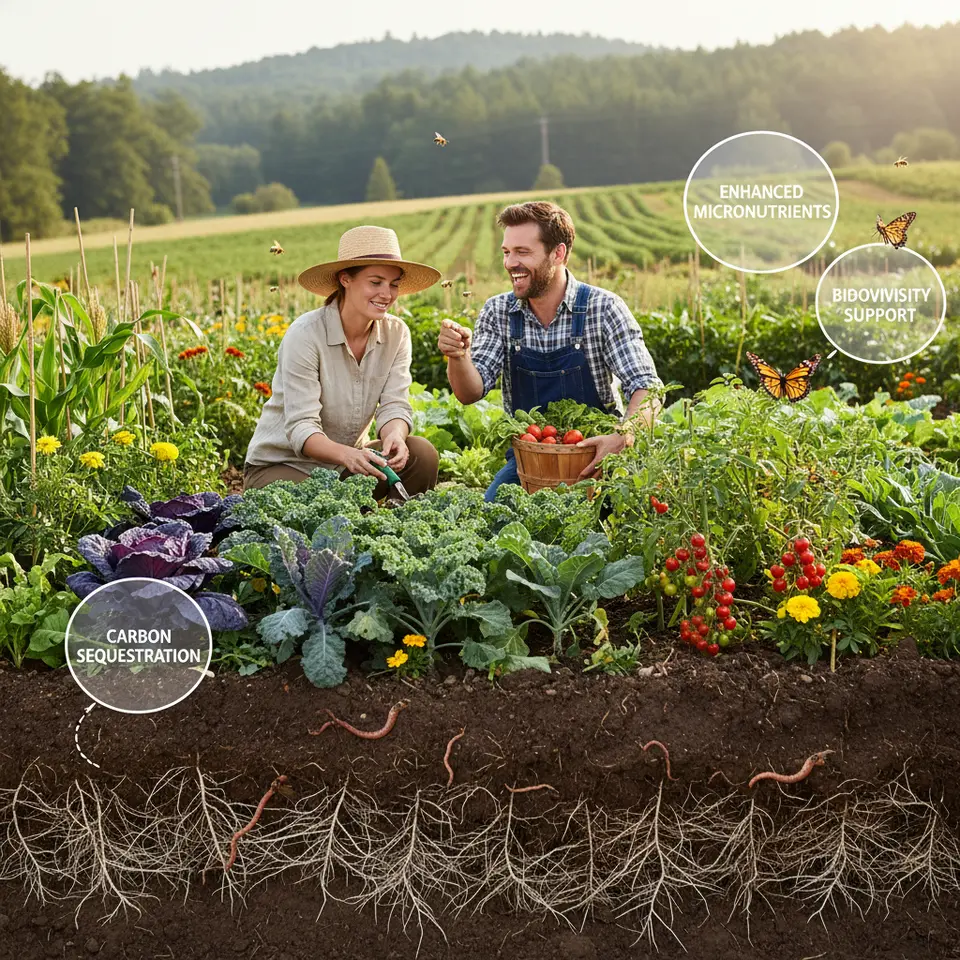 A vibrant organic farm scene showing a cross-section of rich, dark soil teeming with roots and earthworms, above it rows of diverse, pesticide-free crops, bees and butterflies pollinating flowers, and subtle infographic callouts highlighting benefits like carbon sequestration, enhanced micronutrients, and biodiversity support