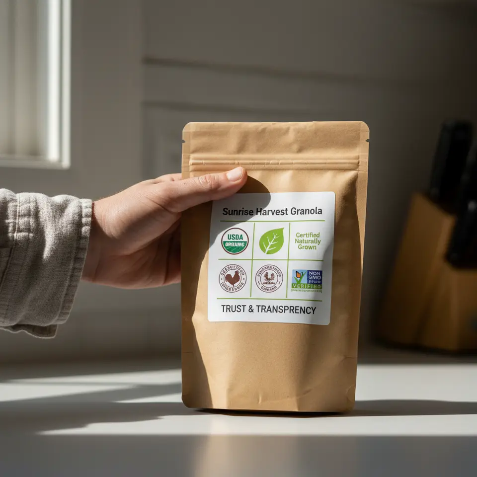 A close-up of grocery product packaging featuring an array of certification seals—USDA Organic, EU Organic leaf logo, Certified Naturally Grown, Non-GMO Project Verified—arranged clearly on a label, with clean typography and a hand holding the package against a neutral background to emphasize trust and transparency