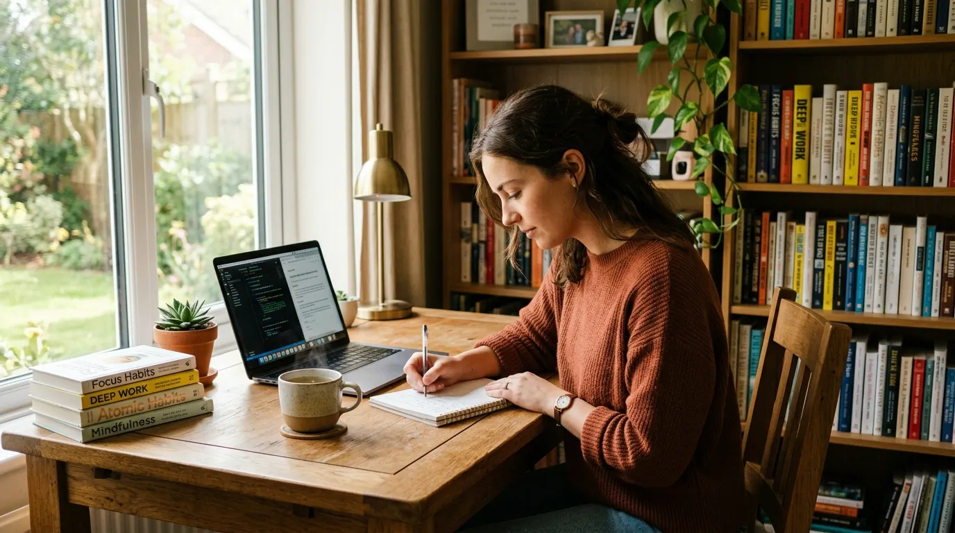 Person studying with noise-canceling headphones in a distraction-free workspace, demonstrating deep focus and effective learning habits.