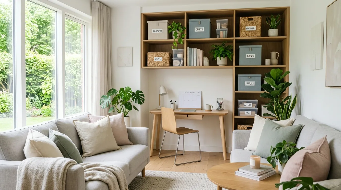 Organized modern home storage setup with labeled containers, shelves, baskets, and a tidy household organization binder on a desk.