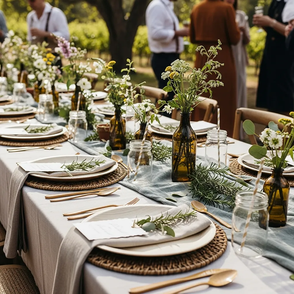 Elegant compostable dinner plates used at an eco-friendly outdoor wedding with natural decorations and sustainable tableware setup.