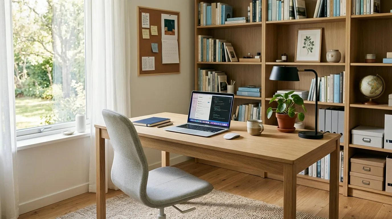 Clean and organized study desk with laptop, books, notebook, plant, and natural sunlight creating a productive learning environment.