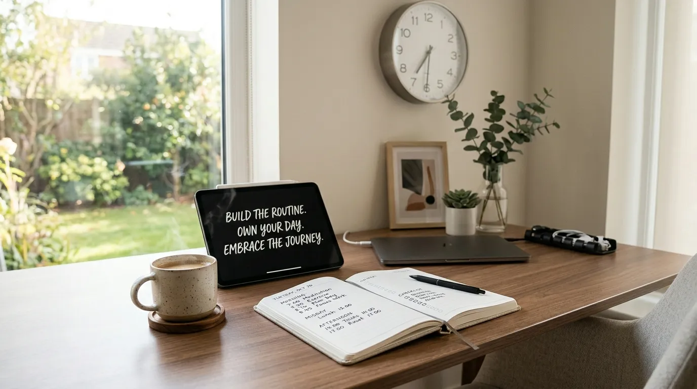 Student planning a study schedule with calendar, notebook, clock, and coffee in a bright and organized workspace.