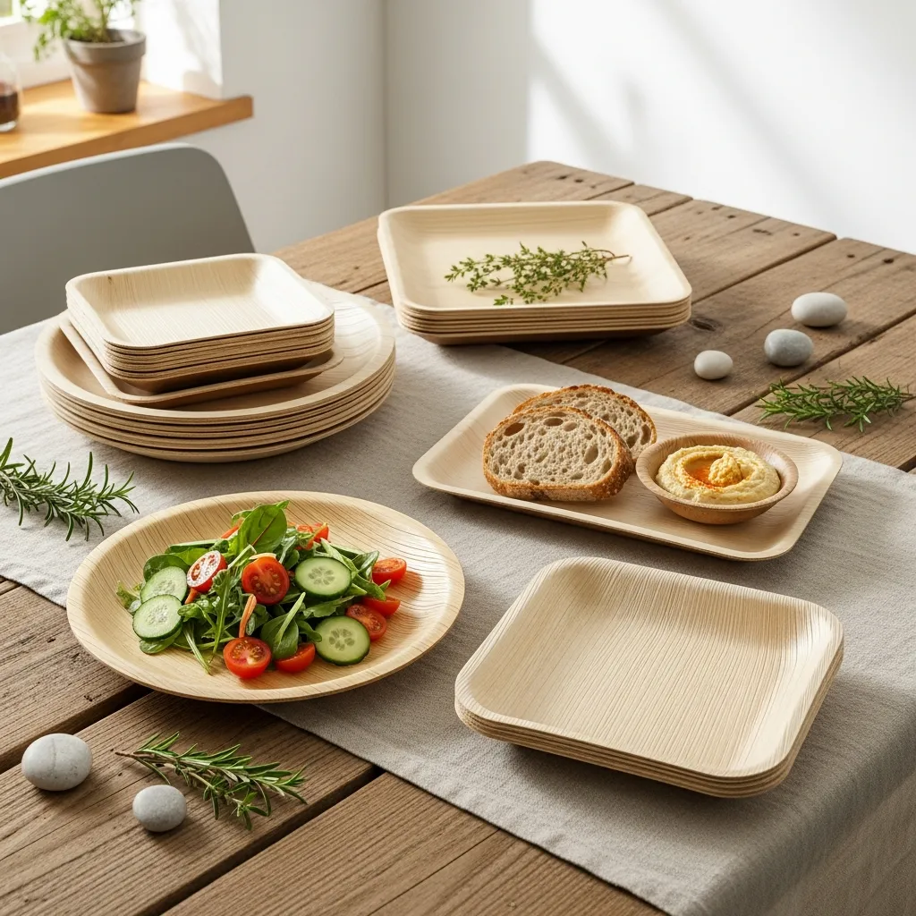 Environment-friendly disposable plates made from bamboo, sugarcane bagasse, and palm leaves arranged on a sustainable dining table.