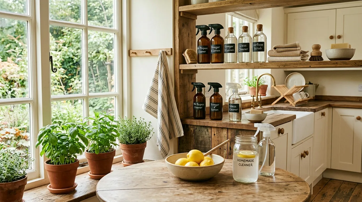 Person cleaning a kitchen naturally using homemade organic cleaners with spray bottles, lemons, vinegar, and reusable cloths.