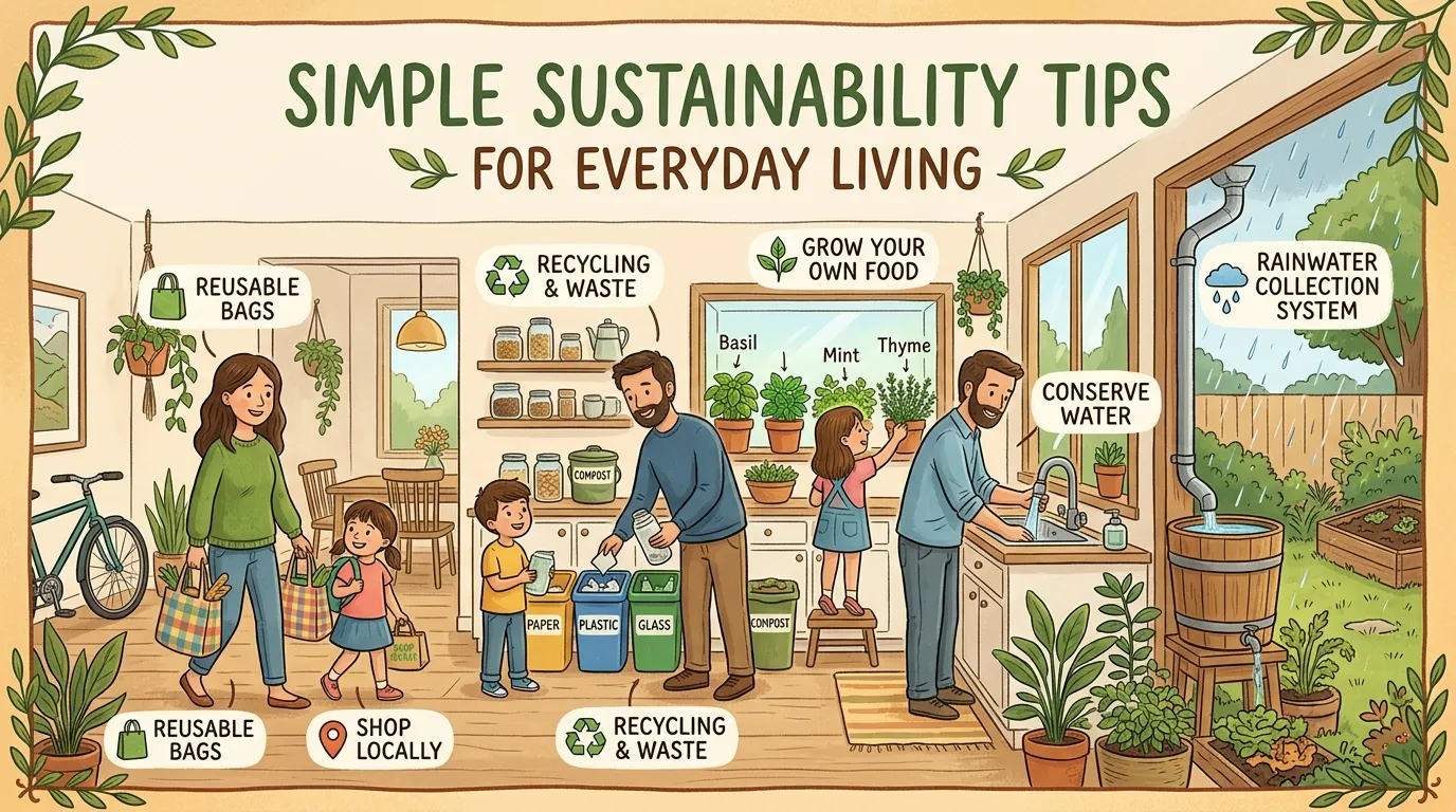 Eco-friendly household items including reusable bags, glass containers, bamboo products, and organic cleaning supplies arranged neatly on a kitchen counter.