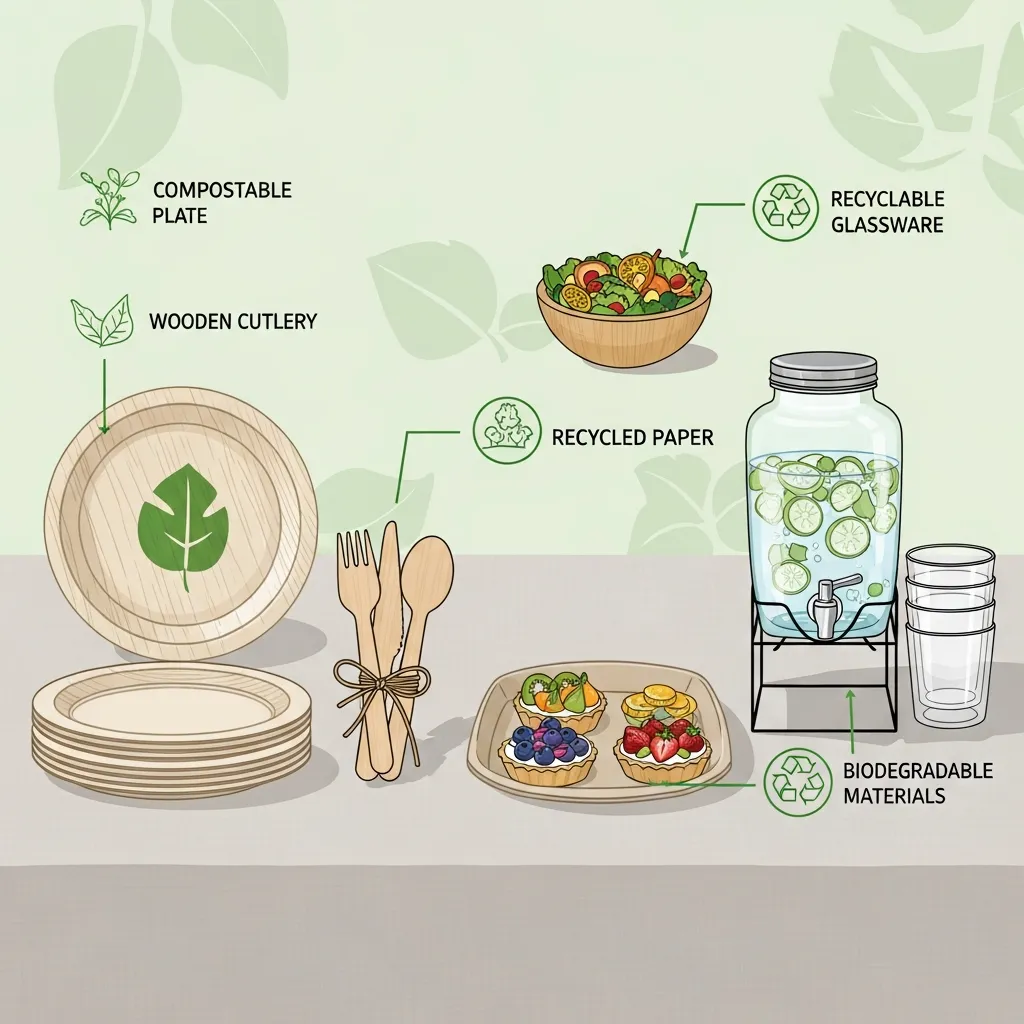 Sustainable tableware setup with biodegradable disposable plates, wooden cutlery, and eco-friendly food serving arrangement for events.