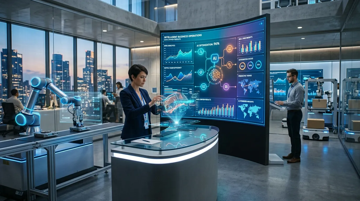 AI-powered automation managing business processes with robotic systems, data visualization, and smart technology interfaces.