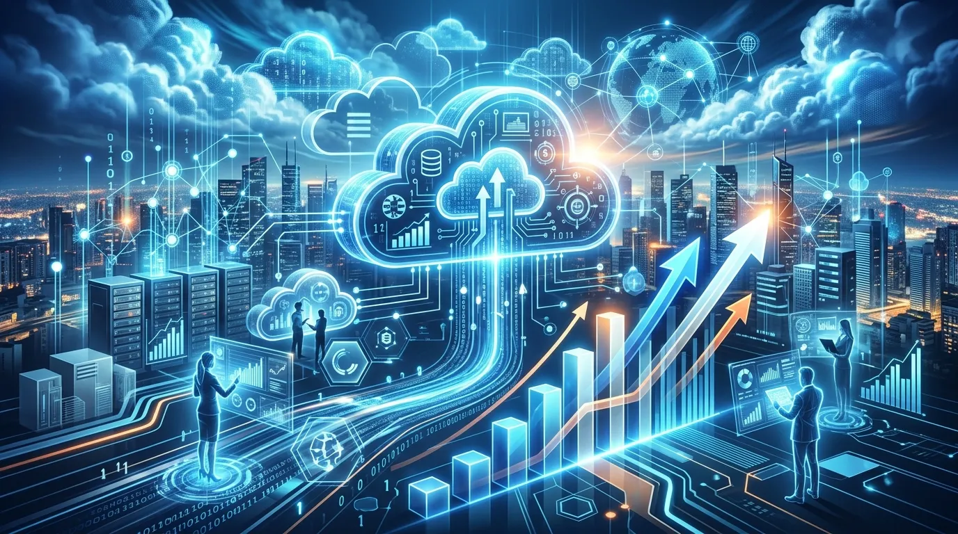 Cloud computing network connecting business data, analytics dashboards, remote teams, and secure digital infrastructure.