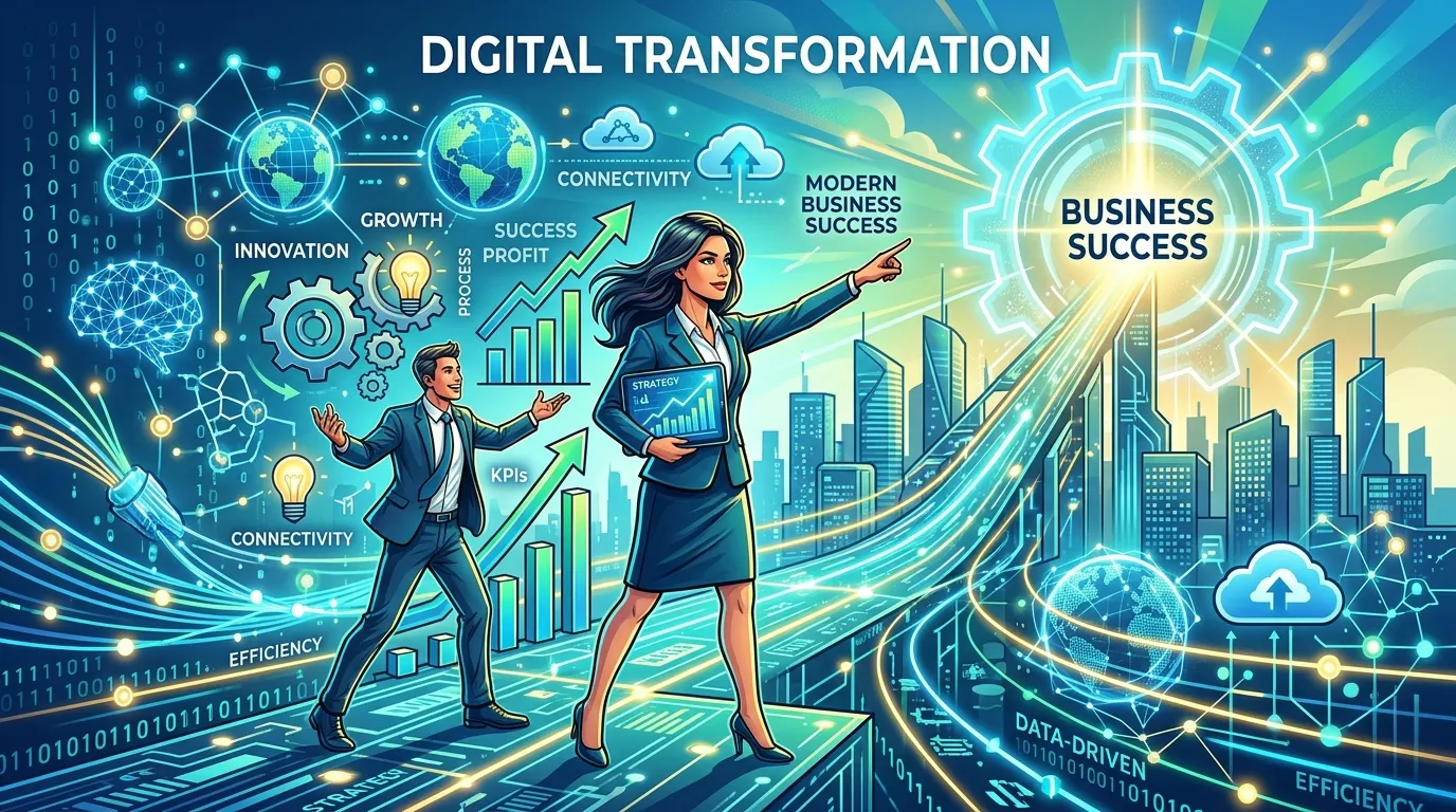 Business professionals using digital dashboards, cloud technology, and AI-powered analytics in a modern office environment.